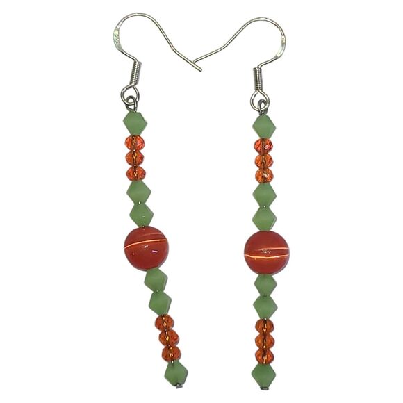 Handmade Sterling Silver 925 Orange Glass & Green Crystal Bead Dangle Earrings - Picture 1 of 12